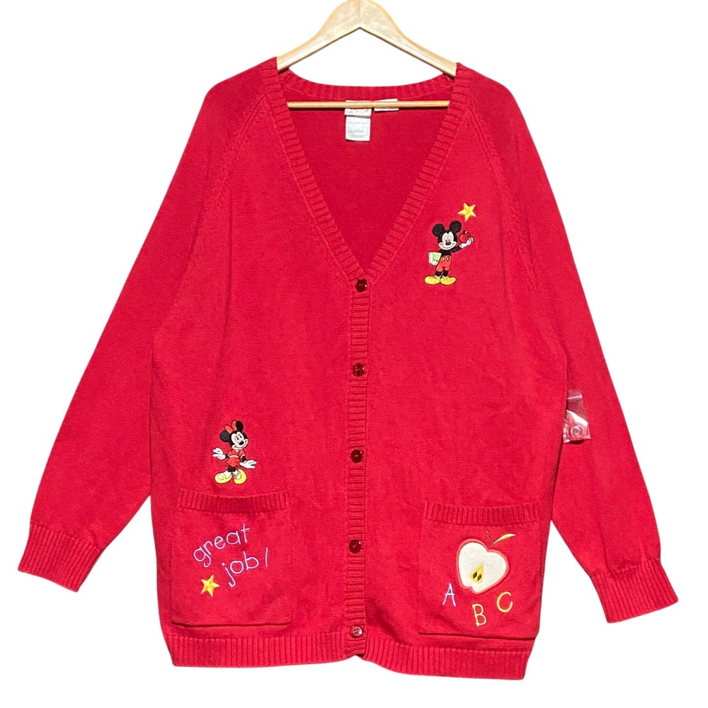 NWOT VTG Disney Mickey Minnie Mouse 2XL Teacher Cardigan Red‎ Button Sweater